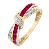 0.76ct Channel Set Square  Ruby and Diamond Pave Crossover Eternity Ring in UK Hallmarked 9ct Yellow Gold